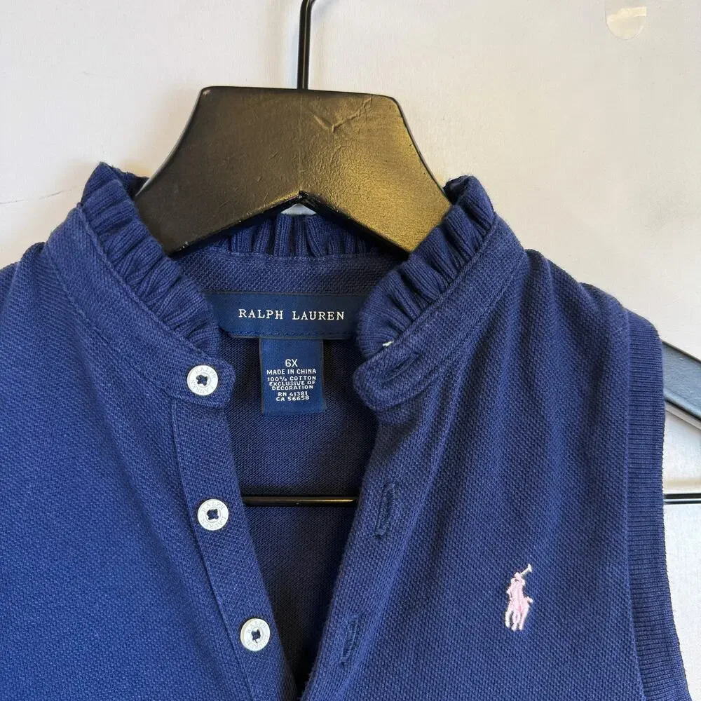 Ralph Lauren Girls Polo Ruffled Trim Dress Navy Blue - 6X